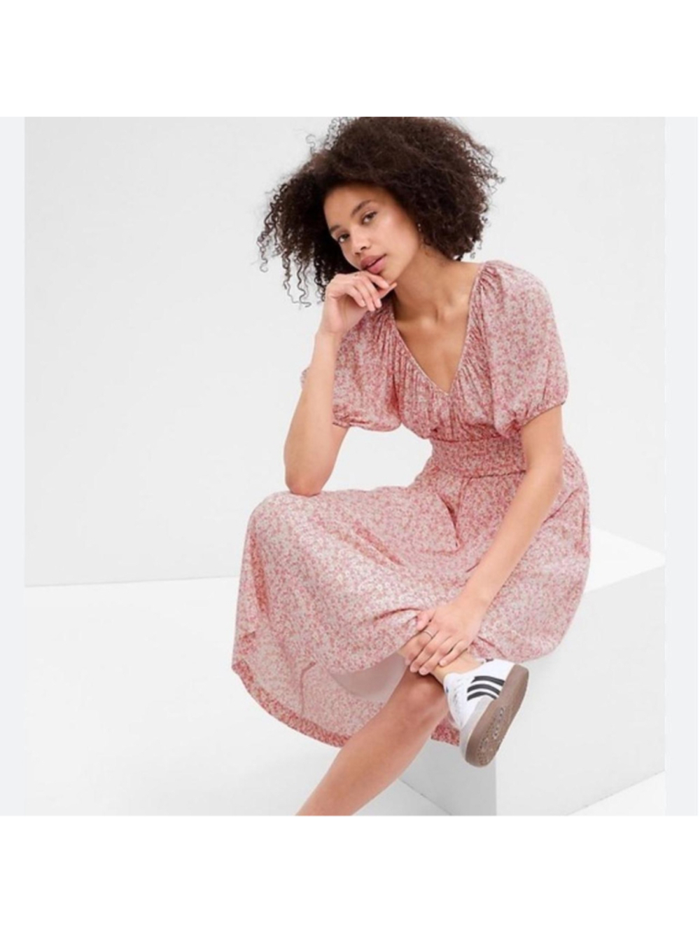 GAP Smocked Puff Sleeve Pink Midi Dress - Size S